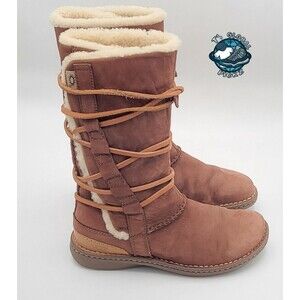 UGG Catalina 1634 Brown Leather Sheepskin Tall Wrap Boots Womens Size 8